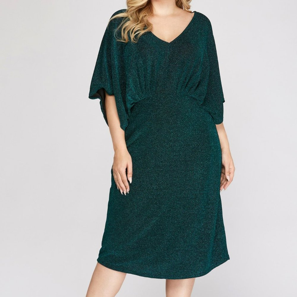 NWT She And Sky Teal Green Kimono Sleeve Lurex Stretch Midi Dress Plus